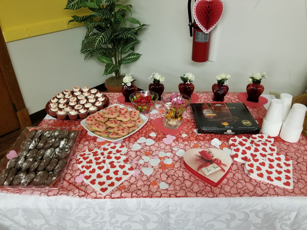 Table with a Valentine's Day spread of treats.